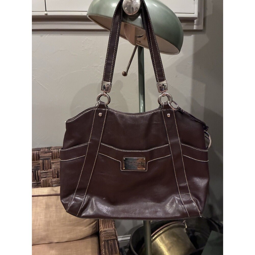 Liz Claiborne Dark Brown Leather Vintage Handbag With White Stitching Silver Hrd